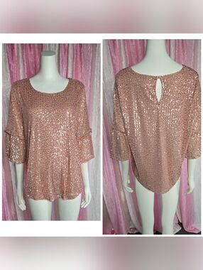 Lauren Conrad Kohls Peach Sequin Bell Sleeve Lined Flowy Top Size Large